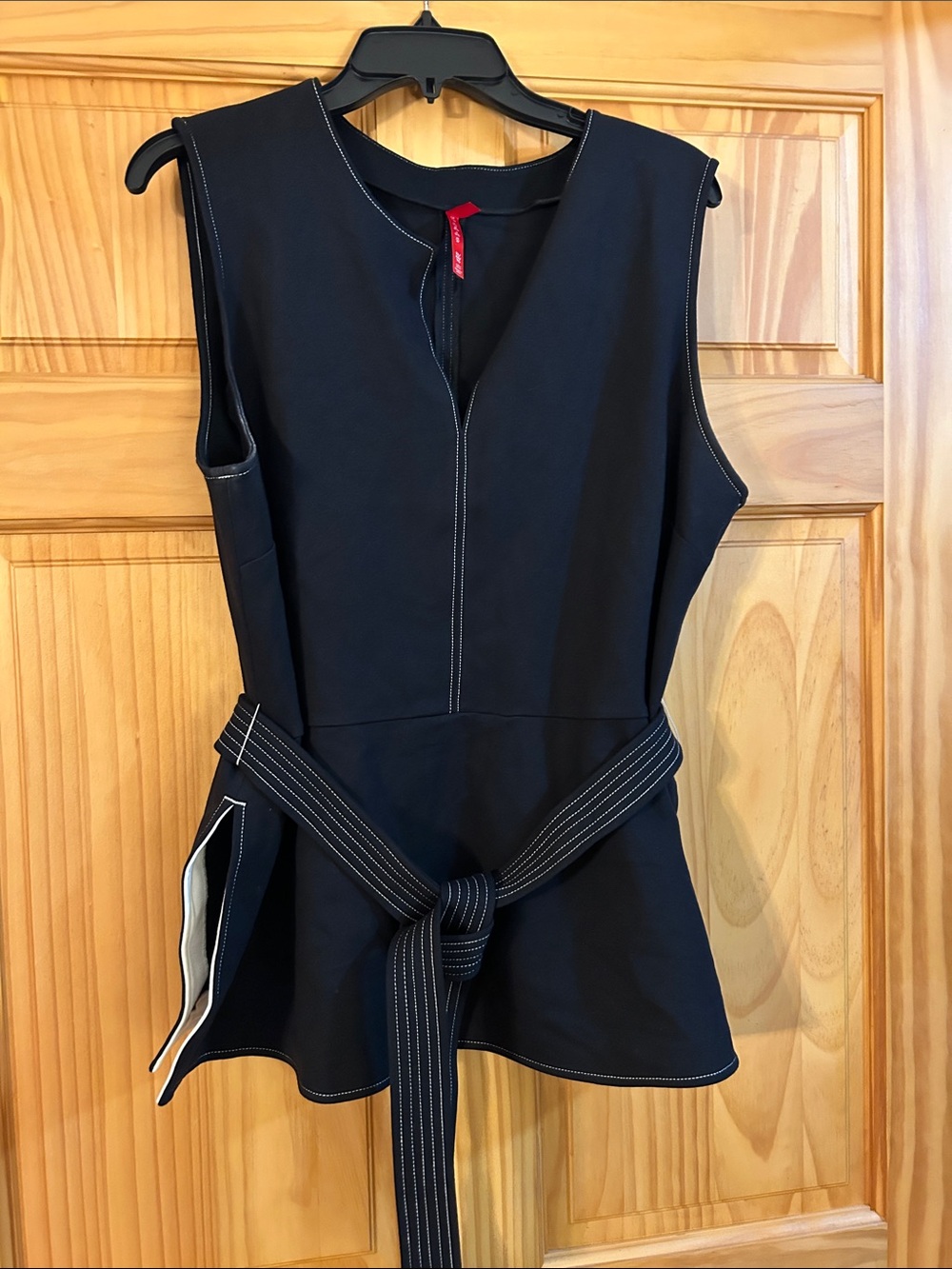 SPANX Black Sleeveless Peplum Top with Contrast Stitching and Tie Belt